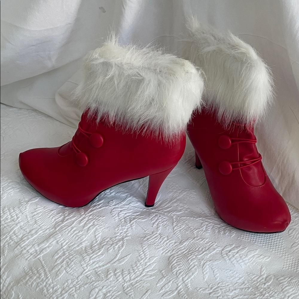 Santa Red 4” Heeled Boots with White Faux Fur. Ellie. New.